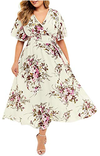 Frauen Plus Größe Sommerkleid V-Ausschnitt Maxikleider Blumendruck Abendkleid Kurzarm Partykleid Boho Kleid Damen Casual mit bedruckter Taille Tunikakleid Große Größen Ballkleider