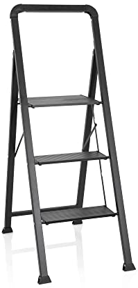hjh OFFICE Klappleiter 3 Stufen SOLID W6 Aluminium Trittleiter, bis 150 kg belastbar, Tritt klappbar, Schwarz, 801206