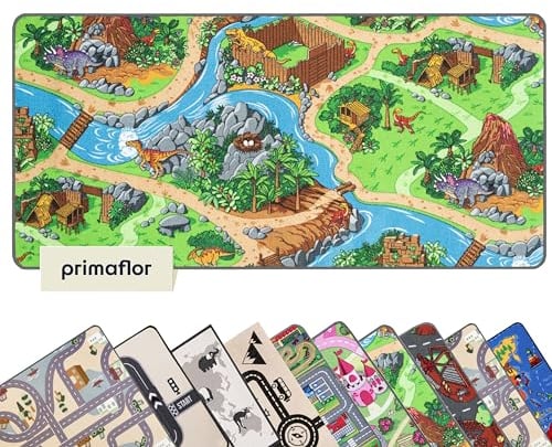 Primaflor Spielteppich mit Dino-Design - Spielteppich für Kinder 140 x 200 cm - pflegeleichter Kinderteppich mit Straßen