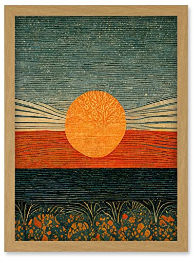 Doppelganger33 LTD William Morris Style Sunrise Over Sea Abstract Artwork Framed Wall Art Print A4