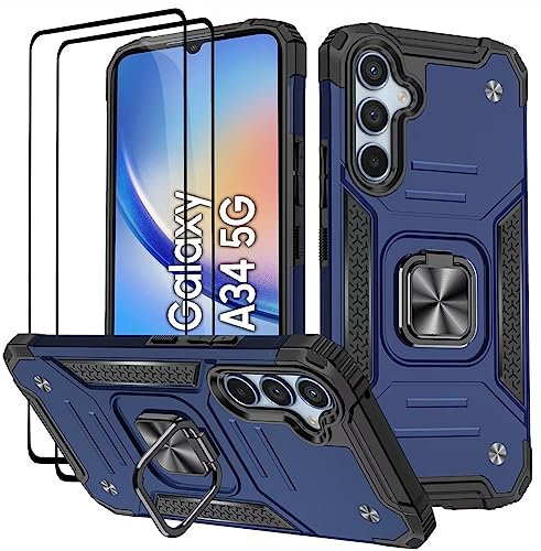 KANSi Hülle für Samsung Galaxy A34 / A34 5G, Schutzfolie [2 Stück] Silikon TPU Hart PC Handy Hüllen 360 Grad Drehbar Ringhalter Bumper Stoßdämpfung Schutzhülle - Blau