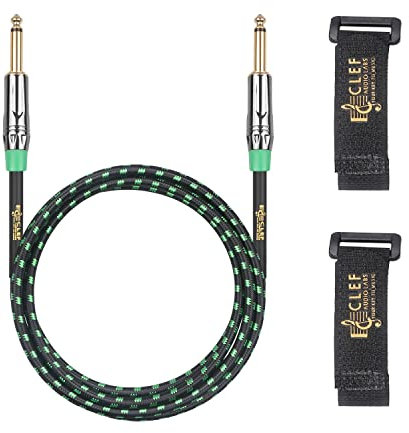 Clef Audio Labs Instrument Guitar Cable, 10ft Cord - 1/4 inch TS Straight to Straight for Electric bass Guitar AMP, 22AWG, Chrome Zinc Alloy Shell, Green Braided Jacket with 2 Adjustable Cable Straps