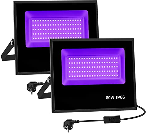 Littleboyny 2 Stück 60W UV Schwarzlicht LED Strahler, IP66 Wasserdicht Schwarzlichtlampe mit 100PCS LEDs,Aluminiumlegierung Discolicht,Blacklight für Halloween Deko,Konzert Party,Bar,Neon Farben (60W)