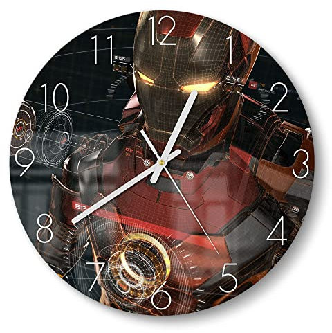 DEQORI Glasuhr | rund Ø 30 cm | Motiv Legendäre Iron Man Anzug | ausgefallene leise Design Uhr aus Glas | Wanduhr für Wohnzimmer & Küche | Moderne Hingucker Uhr für die Wand