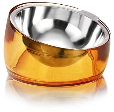Felli Pet Oblik Acrylic Raised Dog Food Water Bowl Stainless Steel Slanted Oval Dish for Short Leg Puppy & Small Medium Pet, Elevated Tilted Metal Feeder Angled Plastic Spill Proof (1.5Cups, Gold)