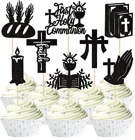 24 Stück Erste Heilige Kommunion Tortendeko Religion Thema Cupcake Toppers Glitter Kreuz Bibel Engel Gott segnen Kuchen Deko für Erste Kommunion Taufe Geburtstag Party Cupcake Picks Supplies Schwarz
