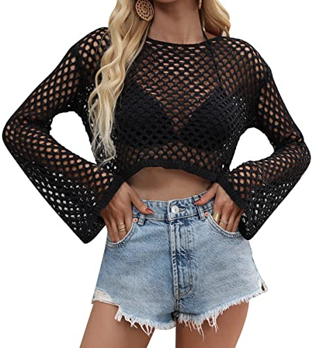 Odizli Netzoberteil Damen Netzshirt 2000er Y2K Kleidung Vintage Sexy Mesh Häkeltop Langarm Crochet Top Crop Tops Pullover Teenager Mädchen Sommer Streetwear Festival Rave Techno Outfit Schwarz M