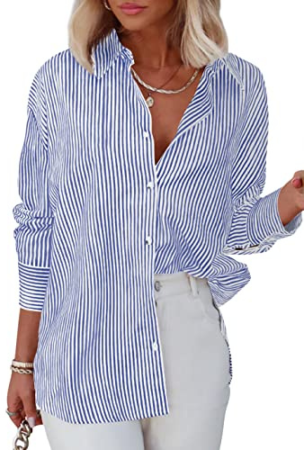 Homlan Chemisier à manches longues pour femme - Rayures - Style décontracté - Col en V - Chemise de travail ample - Boutonnière