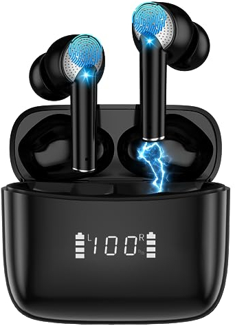 Carviki Auriculares Inalambricos Bluetooth 5.3,cancelación Activa de Ruido,Resistentes al Agua,con Sonido HiFi estéreo y Pantalla Digital,Batería de Larga duración,cómodos y Seguros, Negro