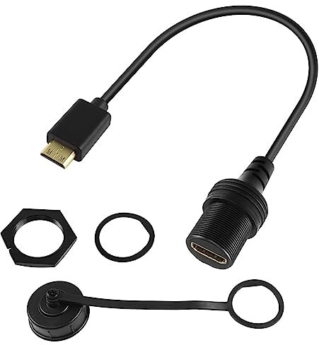 QIANRENON 4K Mini HDMI to HDMI Threaded Fixed Car Waterproof Cable Mini HDMI Male to HDMI 2.0 Female Mount Socket Extension Cable 4K@60Hz, for TV Graphic Card Camera Tablet Camcorder, 30cm/11.8in