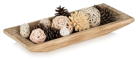 Hanobe Dekorative Teigschale aus Holz: Lange Holz-Tischdekoration, natürlicher Kerzenhalter, Tablett, Dekoration, rustikal, unlackiert, für Esszimmer, Küche, gebrannt