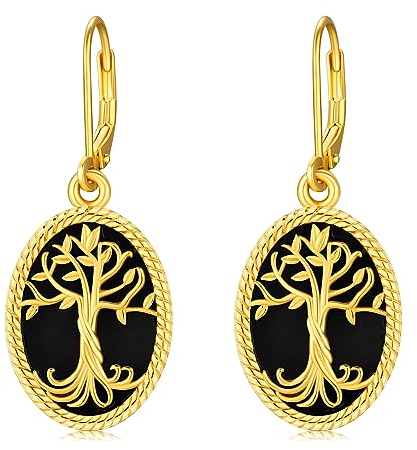 Schwarzer Onyx Baum des Lebens Ohrringe 925 Sterling Silber Gold Baum des Lebens Dangle Ohrringe Baum des Lebens Schmuck Geschenke für Frauen Mama