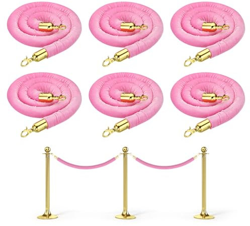 PATIKIL 5 Feet Pink Velvet Stanchion Rope, 6 Pack Crowd Control Barrier Rope with Snap Hooks for Posts Stands Queue Divider of Hotel Theater, Golden