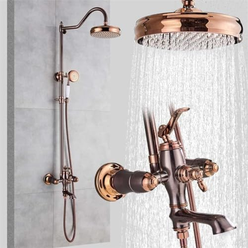 Rot-Schwarz-Bronze-Duscharmatur-System, Regenfall, Roségold und Bronze, Badezimmer-Duschmischer, Duschset, Wasserhahn, schwenkbarer Auslauf