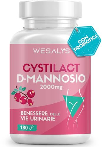 D Mannosio Puro 2000mg | Cistite, CYSTILACT® - 180 CAPSULE con Mirtillo Rosso, Probiotici ed Acido ialuronico | per Candida e Infezioni delle Vie Urinarie | 100% Vegan