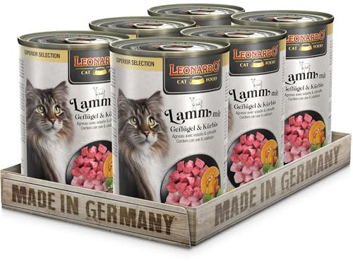LEONARDO Katzen Nassfutter Superior Selection, Lamm mit Geflügel & Kürbis, 6x400g Dose, für ausgewachsene Katzen, getreidefrei, ohne Zucker, Made in Germany