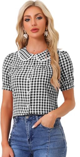 Allegra K Chemisier à Carreaux pour Femmes Contraste à Manches Courtes Bouffantes Haut Chemise à col Claudine Noir XL