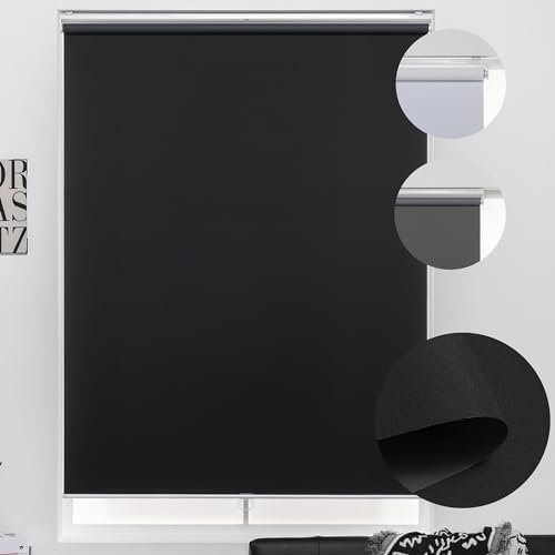 KALYSIE Cordless Roller Shades 100% Blackout Blinds for Windows and Doors, Pull Down Room Darkening Window Shades, Easy to Install for Home and Office, Black, Fixed 75 Inches High, 35 Inches Width
