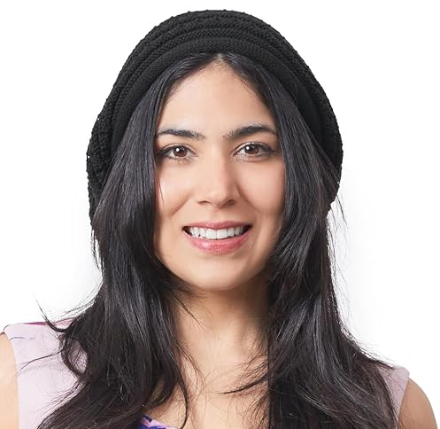 CHARM Sommer Crochet Dünne Mütze Damen Häkel Long Beanie Mütze Rasta Mütze Beret Cap für Herren aus Baumwolle Groß Schwarz