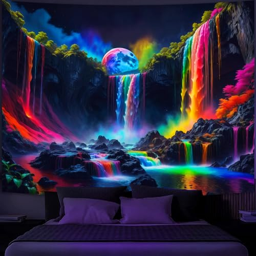 Simpkeely Schwarzlichter Fantasy-Wasserfall-Planet Wandteppich, UV-reaktiver Naturteppich, Neon-Landschaft, Berg-Wellen-Wandbehang – 150 x 200 cm