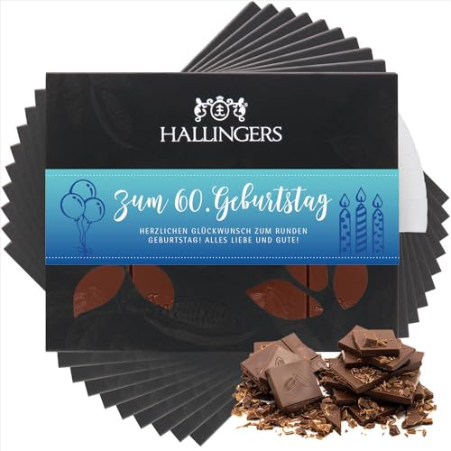 Hallingers Genuss Manufaktur Schokolade Geburtstagsgeschenk - Tafel Edelkakao handgeschöpft ohne Alkohol edler Karton 10x Zum 60. Geburtstag Pur, Geschenke für Frauen Männer