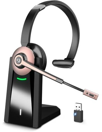 Wireless Headset, Bluetooth Headphones with Microphone Noise Canceling & Charging Base, Wireless Headphones with USB dongle,PC Headset with Mute Button for Computer/Phones/ Teams/Skype/Zoom/Office