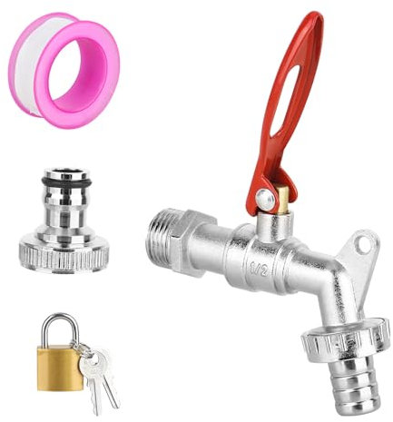 Bibcock Output Garden Tap 1/2 inch, Brass Water Faucet, Lockable Faucet, Outlet Faucet, Outdoor Tap, Outside Faucet with 1X3/4 inch Outlet Tap Ball Valve, 1x Roll Sealing Tape, 1xWater Faucet Lock