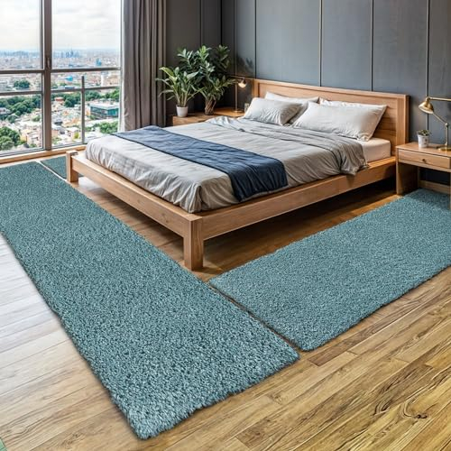 MY-RUG Bettumrandung Schlafzimmer 3teilig Teppich Hellblau - 2mal 140x70 und 1mal 250x80cm - Bettvorleger rutschfest Läufer Hochflor Deko