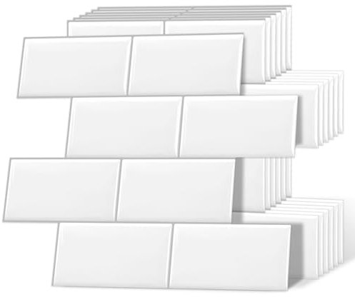 DEWOO Klebefliesen Weiß Wandfliesen Klebe Vinyl Rückwand Metro Fliesen Selbstklebend Plastik Imitation Ziegel Bad Küche Peel Stick Tiles 10-Stück, (32 x 27 cm)