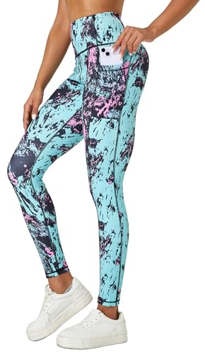 Tuspryt Sport Leggings Damen Lang,Blickdichte Printed Sporthose Damen Fitnesshose Laufhose Damen mit Taschen XXL