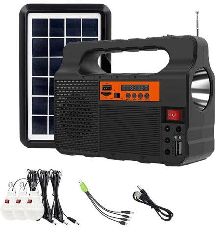 HUIOP Generatore Solare Portatile con Pannello Solare, Radio Altoparlante BT, Caricabatterie per Telefono, Torcia, Centrale Elettrica, Batteria Ricaricabile Incorporata 3600mAh per Campeggio