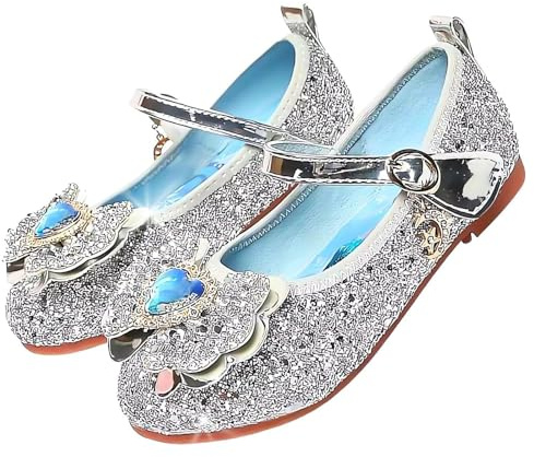 Vorkhuaeri Chaussures de Princesse Elsa pour Filles, Baskets Plates à Paillettes pour Enfants, Chaussures Costume Habiller Une Fête Cosplay Mariage (28,A2-Silver)