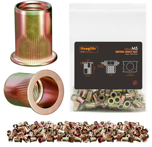 HANGLIFE Rivetti Filettati, M5 Metric Inserti Filettati (100 Pezzi) - Dadi per Rivetti a Testa Piatta, Zincati, in Acciaio al Carbonio con Corpo Zigrinato