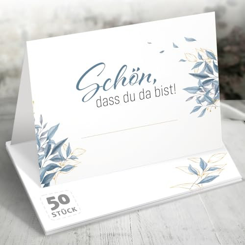 Funke & Brand Tischkarten Hochzeit Floral Blau 50 Stück - Schön dass du da bist Namenskarten zum Beschriften