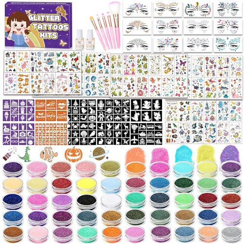 TEUVO 50 Colors Glitter Tattoo Kit with 128 Stencils, 12 Face Jewel Stickers, 5Brushes, 2Glue, 300+ Mixed Patterns Stickers, Glitter Makeup Temporary Tattoos for Kids Halloween Xmas Birthday Carnival