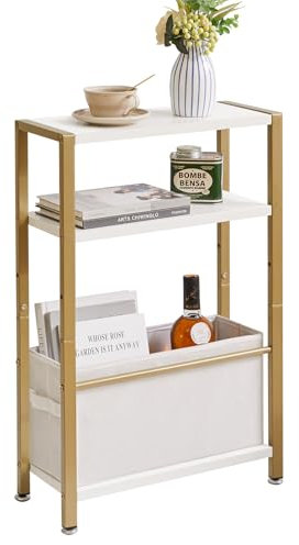 Aibiju Schmaler Beistelltisch, 3-stufiger Schmaler Beistelltisch mit Stoffkorb, Moderner Sofatisch für Schmale und Kleine Räume, mit goldenem Metallrahmen, Weiß YD-TM052J