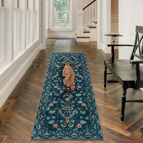 TUKDAK Tiger Hallway Runner Rug 60×180cm, Washable Kitchen Carpet Runners with Non-Slip Rubber Backing, Short Pile Non-Shedding Bedroom Rug, Vintage Animal Floor Mat for Entryway Door Entrances