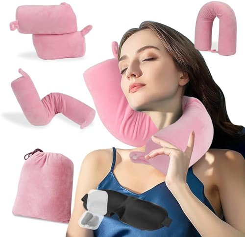 EPROICKS Nackenkissen Flugzeug Kann Biegen Reisekissen, Flugzeug Kissen Memory Foam, Nackenstützkissen Travel Neck Pillow für Nacken, Kinn, Taille, Knie, Auto, Busse, Züge, Büro (Rosa)