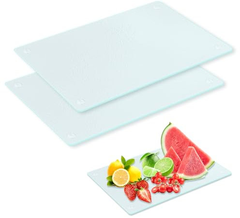Schneidebrett Glas 2 Stück Glasschneidebrett Transparentes Glasplatte mit Rutschfesten Silikonfüßen Glasbretter für Die Küche Glass Cutting Board für Gemüse Fleisch (28X20cm)