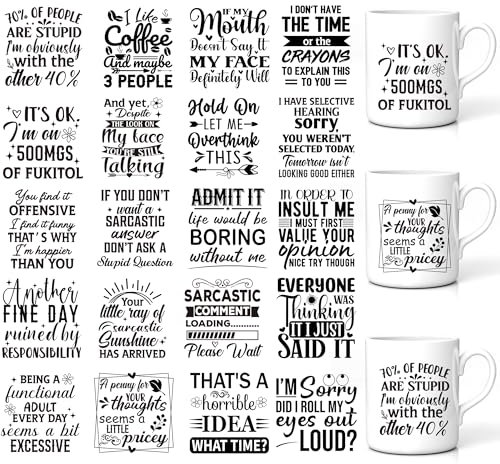 GalaVee Funny UV DTF Cup Wrap Stickers, 20 Sheets Sarcastic Humorous Quotes, Waterproof Rub-on Transfers for Mug Glass Laptop Phone Case, DIY Crafts