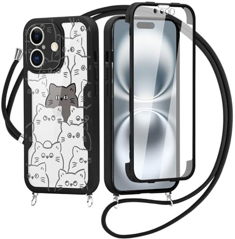 Coiwxmoi Coque avec Cordon pour iPhone 16 6,1, Étui Collier Lanière Corde Mignon Motif Chat Dessin Case avec Protecteur D'écran Intégré, Transparent Silicone TPU Bumper 360° Antichoc Housse