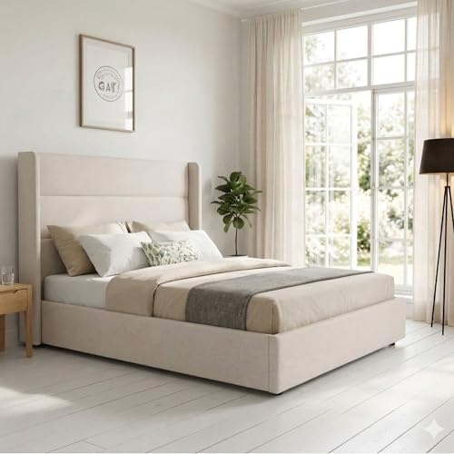 OAT Home Wilmslow Ottoman Storage Upholstered Bed Frame Winged Headboard Charcoal/Natural - Double/King Size (Natural, King (U.K. Standard))