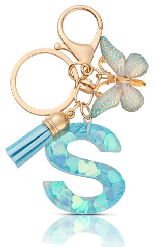 CHUQING Porte Clef Lettre Initiale Femme Papillon | Porte-Clés Initiale avec Papillon et Pompon, Accessoire Élégant pour Clefs et Sacs