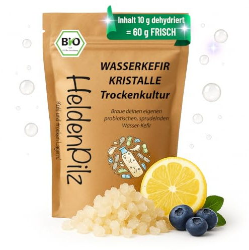 HeldenPilz® orgánico Kit inicial para kéfir de agua – kéfir con tubérculos activos | Comprar hongos Cristales de kéfir de agua ecológicos | crecimiento rápido (10 g deshidratados/60 g frescos)
