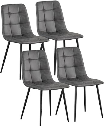 MOF Dining Chairs Set of 4–Faux Suede Dining Chair with Padded Seat, Tufted Back and Sturdy Metal Legs–Modern Upholstery for Kitchen, Dining Room, Lving Room or Home Office (Grey Check x 4)