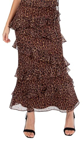 Women's Maxi Skirt Ladies Co-ord Asymmetric Tiered Ruffle Frill Animal Print Chiffon Boho Smart Casual Gold Fleck