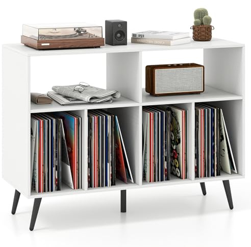 COSTWAY Record Player Stand, Turntable Stand End Sofa Side Table with 6 Open Display Shelves and 5 Metal Legs, Albums Vinyl Record Storage Cabinet Holder for Living Room Bedroom (White)