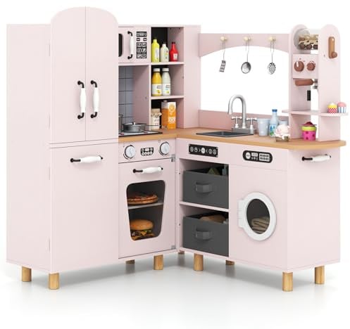 COSTWAY Kinderküche, Eck-Spielküche inkl. 12 Zubehör & Stoffkörben, Holzküche mit Doppeltür-Kühlschrank, Kaffeemaschine & Waschmaschine, Spielzeugküche mit Licht & Sound für Kinder ab 3 Jahren (Rosa)