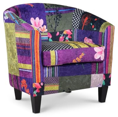 Multicoloured Patchwork Tub Chair for Living Room - Occasional Patchwork Accent Chair for Bedroom, Small Funky Armchair, Tub Chairs for Living Room, Colourful Bucket Chairs - TRICIA