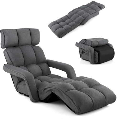 RELAX4LIFE Relaxliege, Bodenliege 6-Fach Einstellbar, Bodenstuhl Faltbar, Relaxsessel mit Schlaffunktion, Liegesessel mit Armlehnen, bis 140kg belastbar, Klappsessel für Schlafen Lesen (Dunkelgrau)